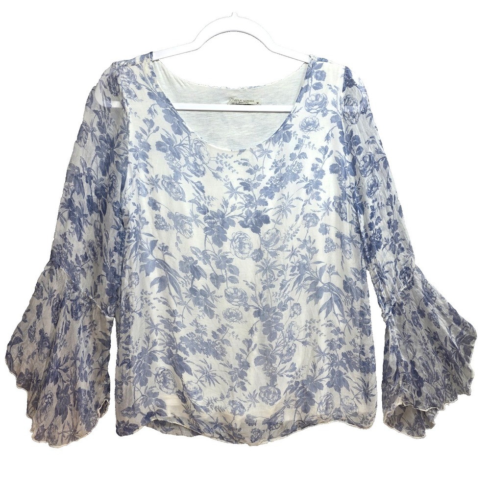 Viola Borghi‎ Italian Silk Blouse Womens M Top Floral Lightweight Sheer Flutter
